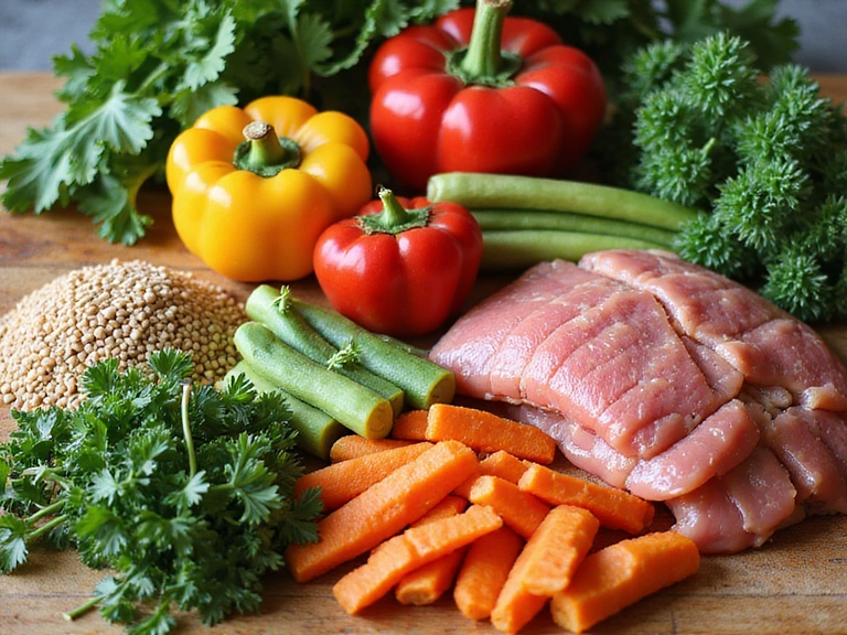 A beautiful array of fresh, colorful ingredients like vibrant vegetables, lean proteins, and whole grains, artfully arranged on a kitchen counter, ready for a healthy meal preparation.