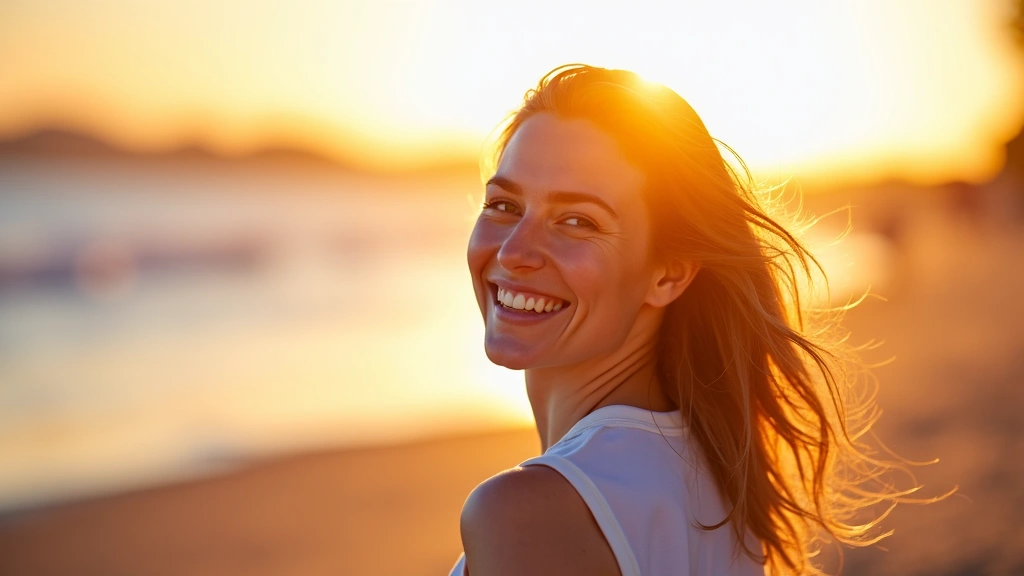 A happy, healthy individual, smiling and active, radiating vitality and well-being